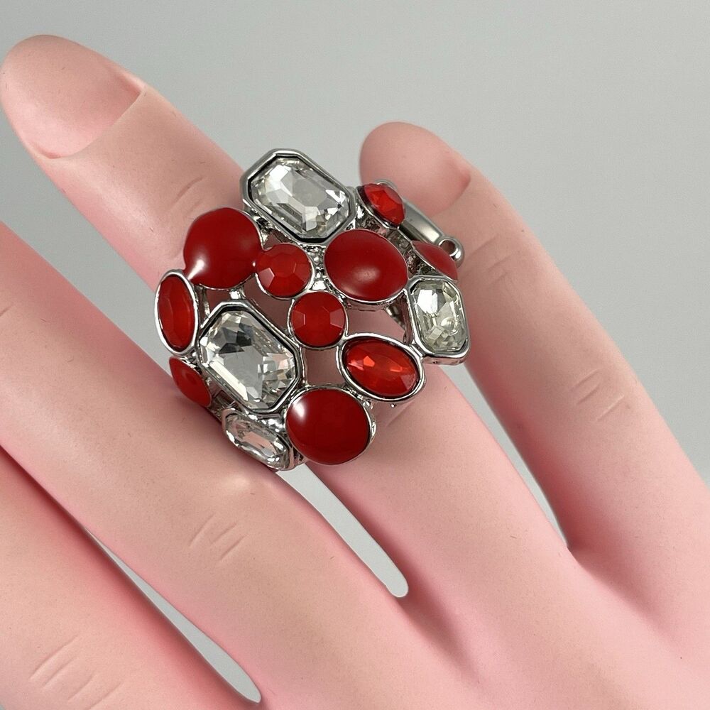 Silver Tone Red White Rhinestone Cluster Cocktail Ring Stretch Statement - Picture 2 of 7